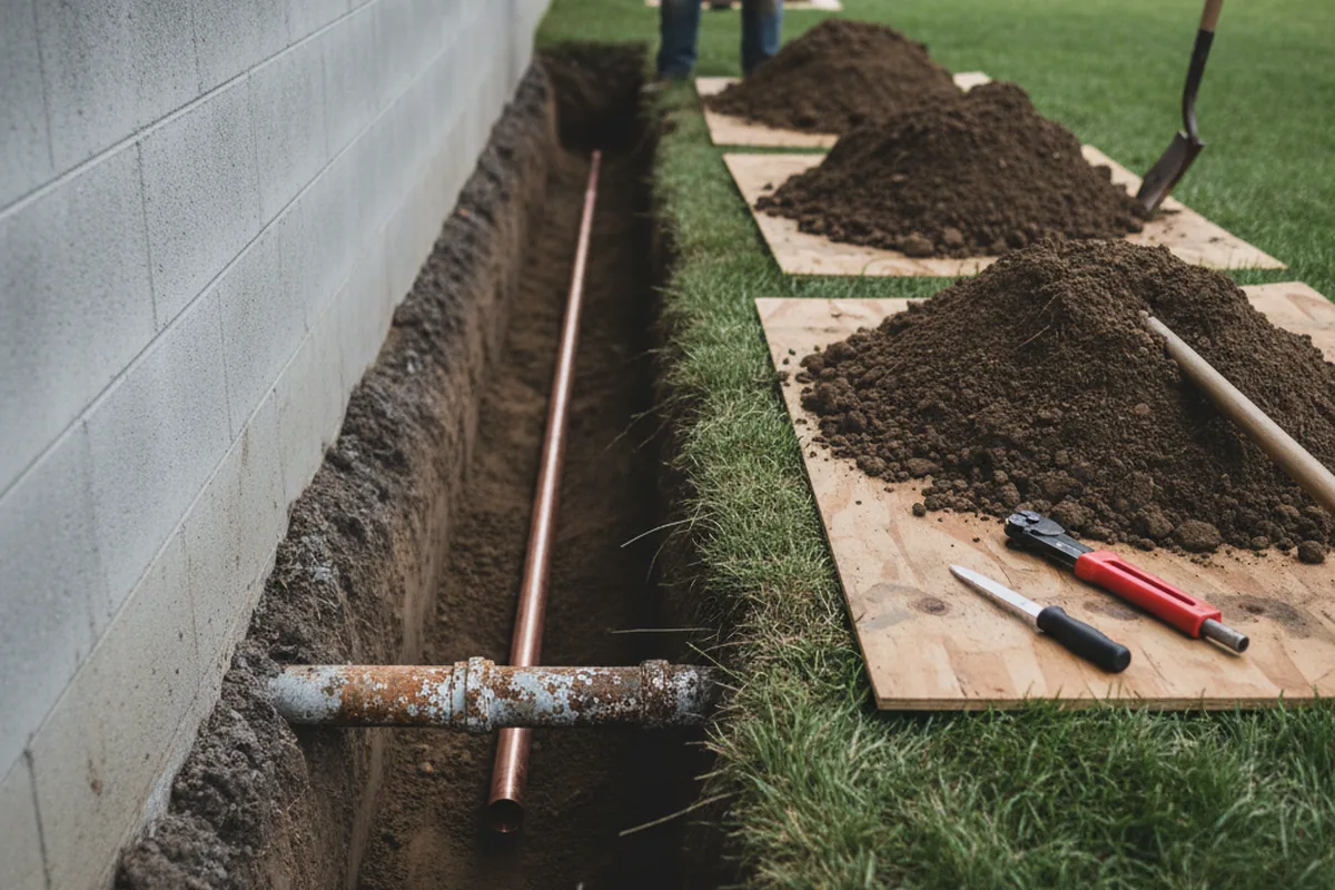 Excavated water line trench during Water Heater Repair in Seale